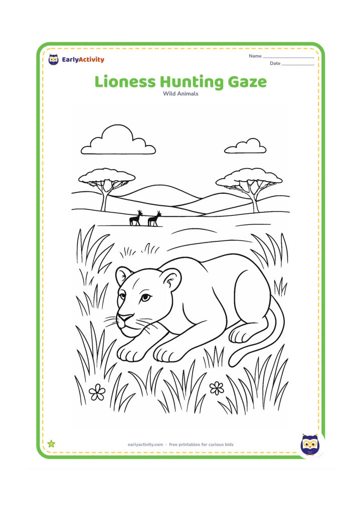 Colouring page: A lioness crouches low in tall grass while calmly watching distant antelope shapes across an open plain; no chase or attack is shown. Include layered grass, small flowers, distant acacia…