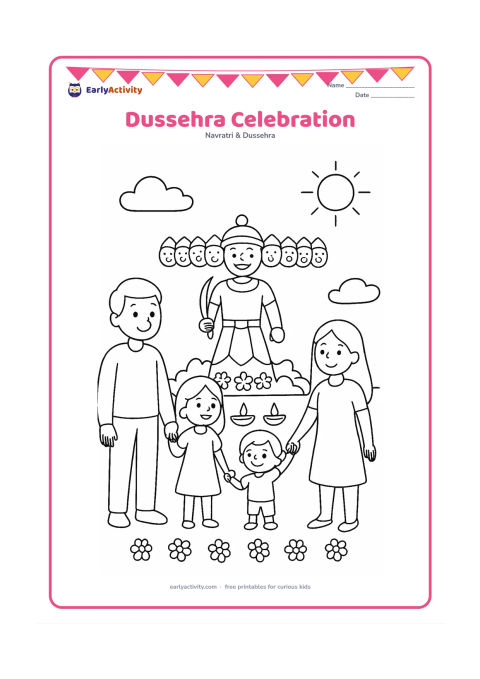 Colouring page: Draw a family watching a safe community Dussehra celebration from a distance, with a small decorated good-over-evil display, lamps, flowers, and a clear open sky. Show smiling people…