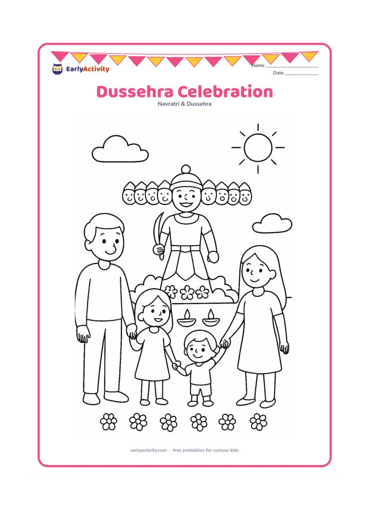 Colouring page: Draw a family watching a safe community Dussehra celebration from a distance, with a small decorated good-over-evil display, lamps, flowers, and a clear open sky. Show smiling people…