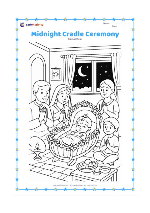Colouring page: Draw a detailed family room at midnight with baby Krishna in a flower-decorated cradle, family members gathered respectfully, lamps glowing, a window showing the moon and stars, and…
