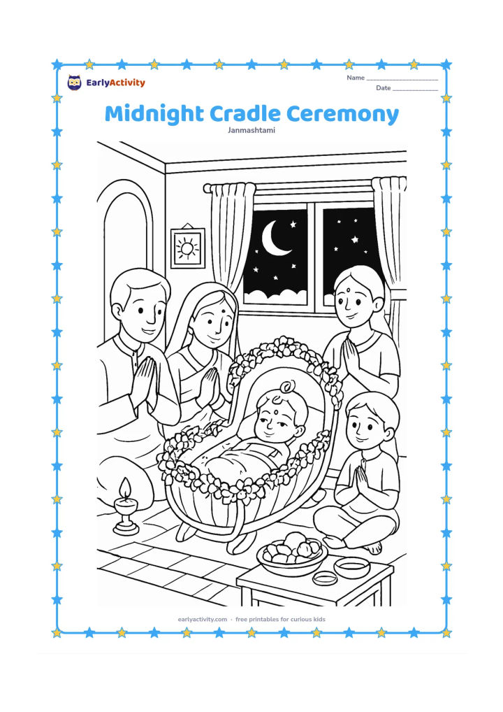 Colouring page: Draw a detailed family room at midnight with baby Krishna in a flower-decorated cradle, family members gathered respectfully, lamps glowing, a window showing the moon and stars, and…