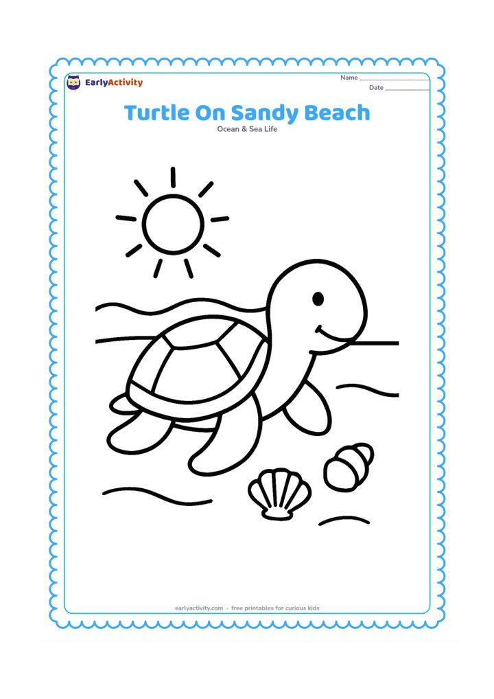 Colouring page: Draw a sea turtle on a clean sandy beach with a low wave, a sun, and two simple seashells nearby.