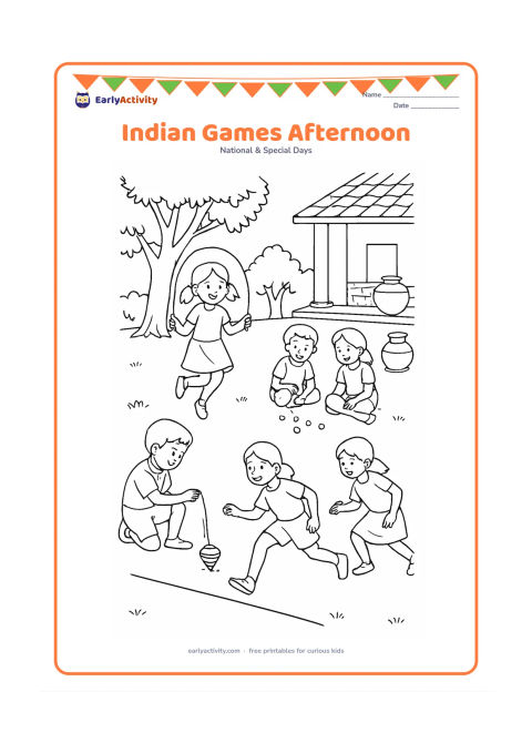 Colouring page: Children enjoy several traditional outdoor games in a school courtyard, including skipping, marbles, spinning a top, and a kho-kho-inspired running line. Add neem trees, a veranda, water…