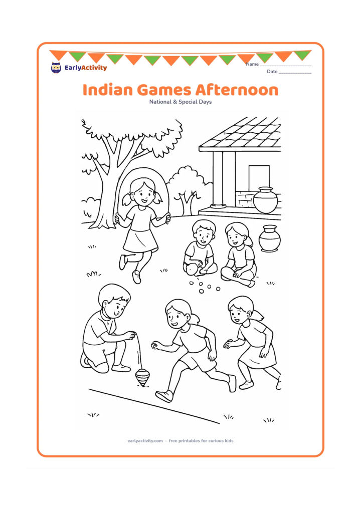 Colouring page: Children enjoy several traditional outdoor games in a school courtyard, including skipping, marbles, spinning a top, and a kho-kho-inspired running line. Add neem trees, a veranda, water…