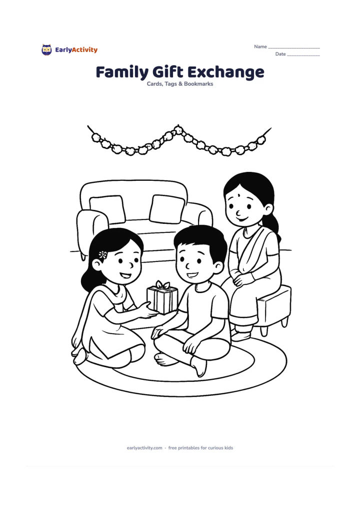 Worksheet: Show a brother, sister, and cousin gathered in a living room as one child hands over a wrapped rakhi gift, with cushions, a low table, and a hanging flower garland in the background.…