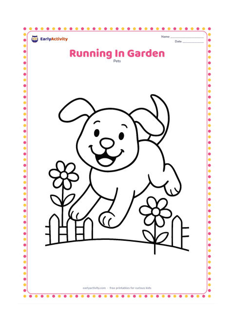 Colouring page: Draw a joyful dog running toward the viewer with its ears flying and tail curved upward. Add three large flowers, a low fence, and a simple garden ground line.