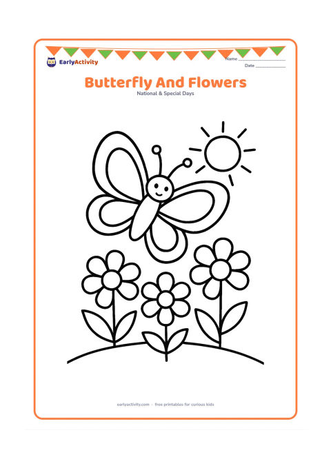 Colouring page: Draw a large butterfly hovering over three big flowers and two broad leaves. Add a curved patch of grass and a simple sun behind the scene.