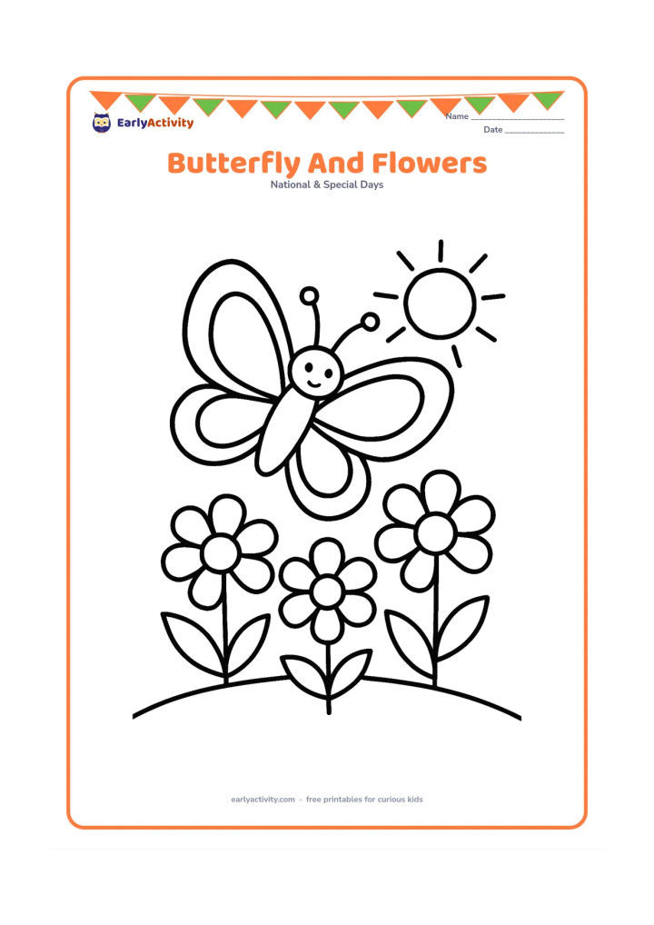Colouring page: Draw a large butterfly hovering over three big flowers and two broad leaves. Add a curved patch of grass and a simple sun behind the scene.