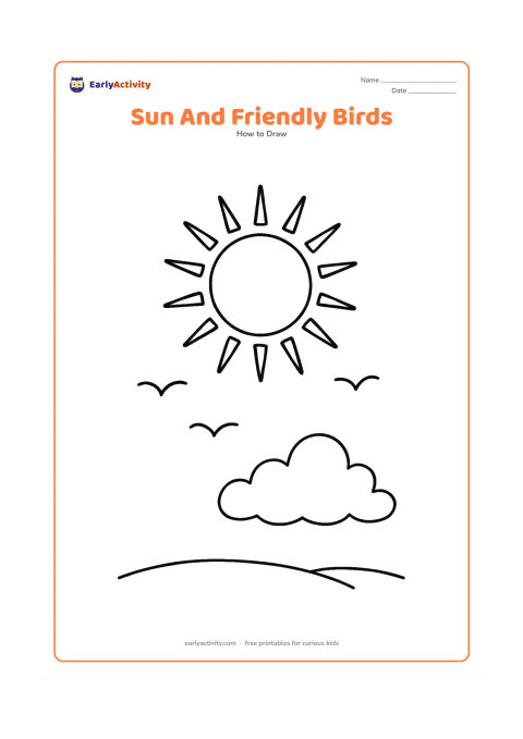 Worksheet: Place a round sun with alternating straight and curved rays over a simple sky, with three small birds flying at different heights and one large cloud near the horizon.