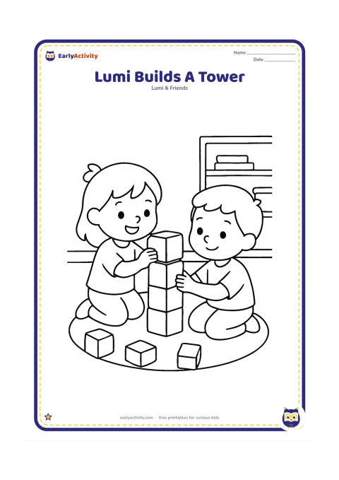 Colouring page: Lumi and one classmate carefully stack large wooden blocks into a tall tower on the floor. Add a few scattered blocks, a round rug and a classroom shelf in the background.