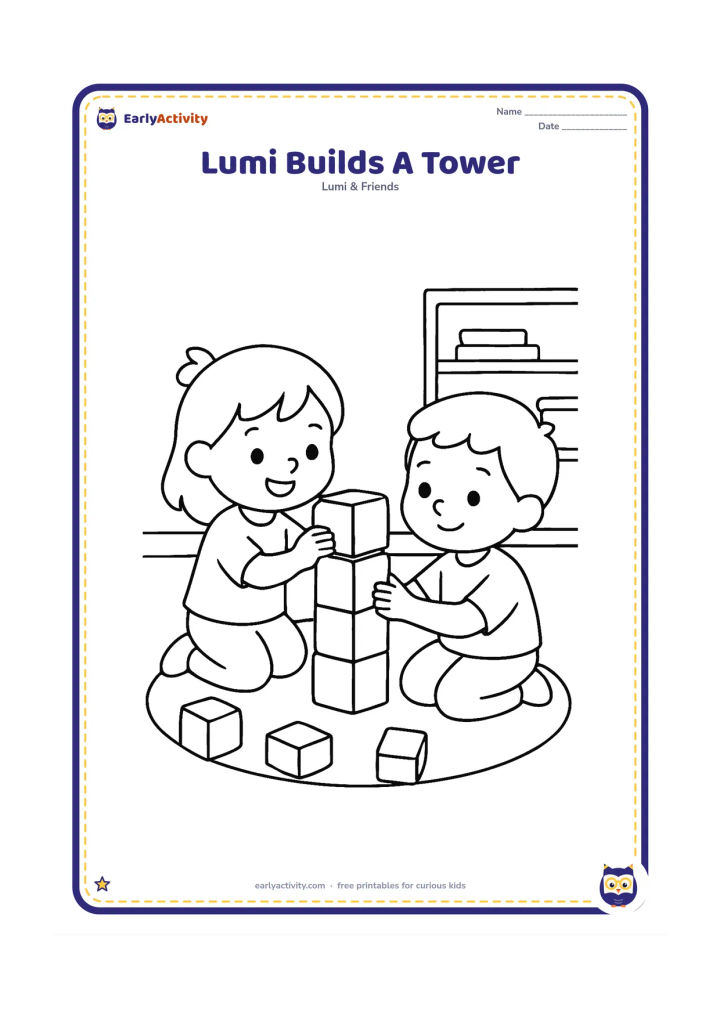 Colouring page: Lumi and one classmate carefully stack large wooden blocks into a tall tower on the floor. Add a few scattered blocks, a round rug and a classroom shelf in the background.