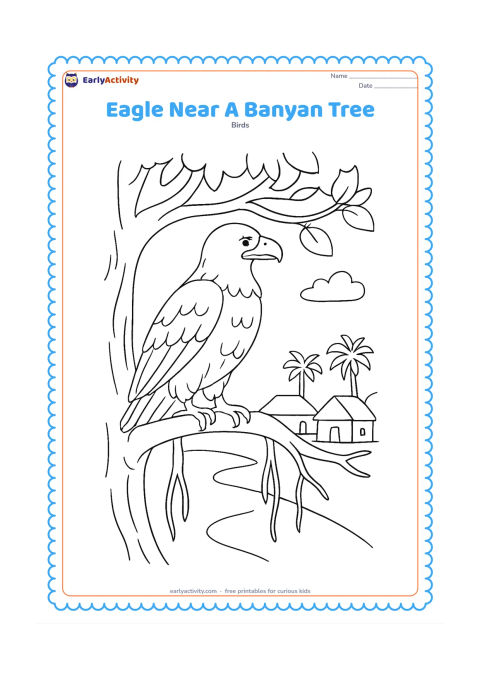 Colouring page: Draw an eagle perched on a broad banyan branch with a few hanging aerial roots. Show a village path, two low huts without signs, and distant palms in the background.