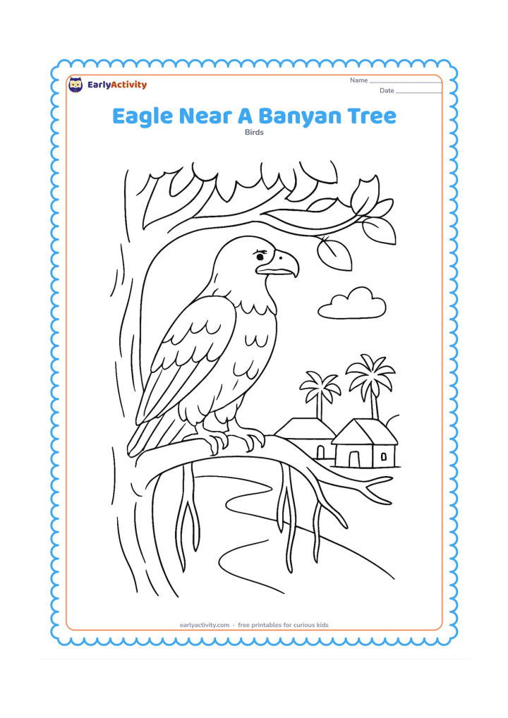Colouring page: Draw an eagle perched on a broad banyan branch with a few hanging aerial roots. Show a village path, two low huts without signs, and distant palms in the background.