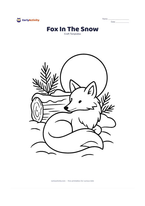 Worksheet: Draw a fox curled beside a snow-covered log at dusk, with a large bushy tail wrapped around its paws and clear pointed ears. Add pine branches, three broad snowdrifts and a large moon…