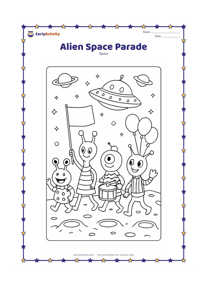 Colouring page: Draw a joyful parade of differently shaped aliens walking across a moon surface with a blank flag, drums, balloons, and a decorated flying saucer. Include craters, distant planets, and a…