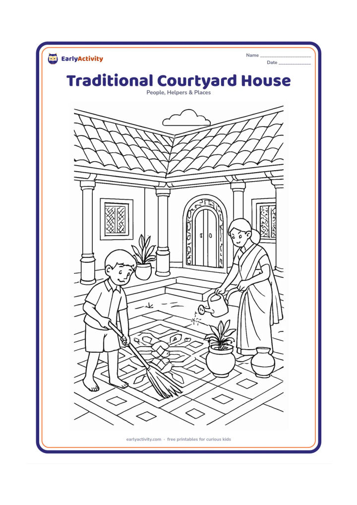 Colouring page: Draw a detailed Indian courtyard home with a tiled roof, veranda pillars, inner courtyard, carved-looking doorway, windows, rangoli-style geometric floor pattern and clay pots. Show a…