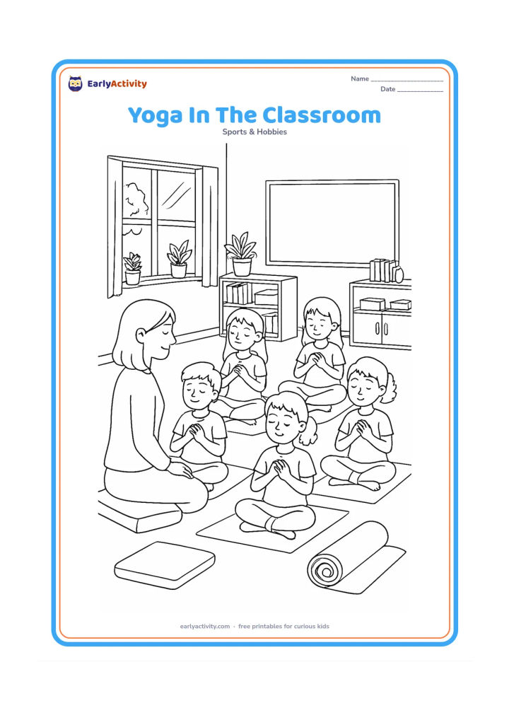Colouring page: A teacher sits at the side while five children practise a quiet breathing pose on mats in a bright classroom. Include rolled mats, floor cushions, open windows, plants, shelves and a…
