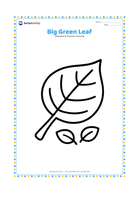 Colouring page: Draw one large broad leaf with a thick stem, a few simple veins and two small fallen leaves beneath it. Place the leaf diagonally across the page as the main shape.