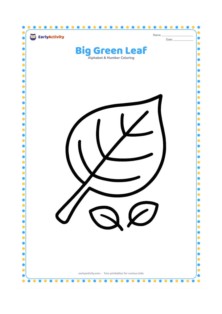 Colouring page: Draw one large broad leaf with a thick stem, a few simple veins and two small fallen leaves beneath it. Place the leaf diagonally across the page as the main shape.