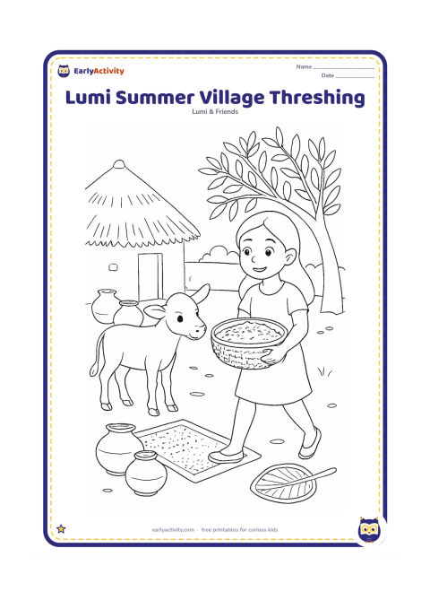 Colouring page: Lumi helps carry a basket of grain across a sunny Indian village courtyard, with a friendly calf nearby. Include a thatched structure, clay pots, a neem-like tree, a hand fan and drying…