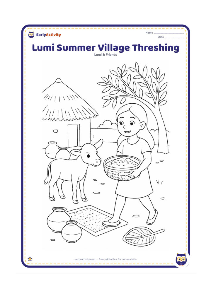 Colouring page: Lumi helps carry a basket of grain across a sunny Indian village courtyard, with a friendly calf nearby. Include a thatched structure, clay pots, a neem-like tree, a hand fan and drying…