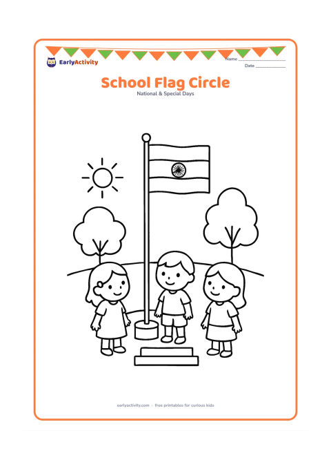 Colouring page: Three young children stand in a small circle around an Indian flag at a simple school assembly area. Show a low platform, a few trees and a bright morning sun.