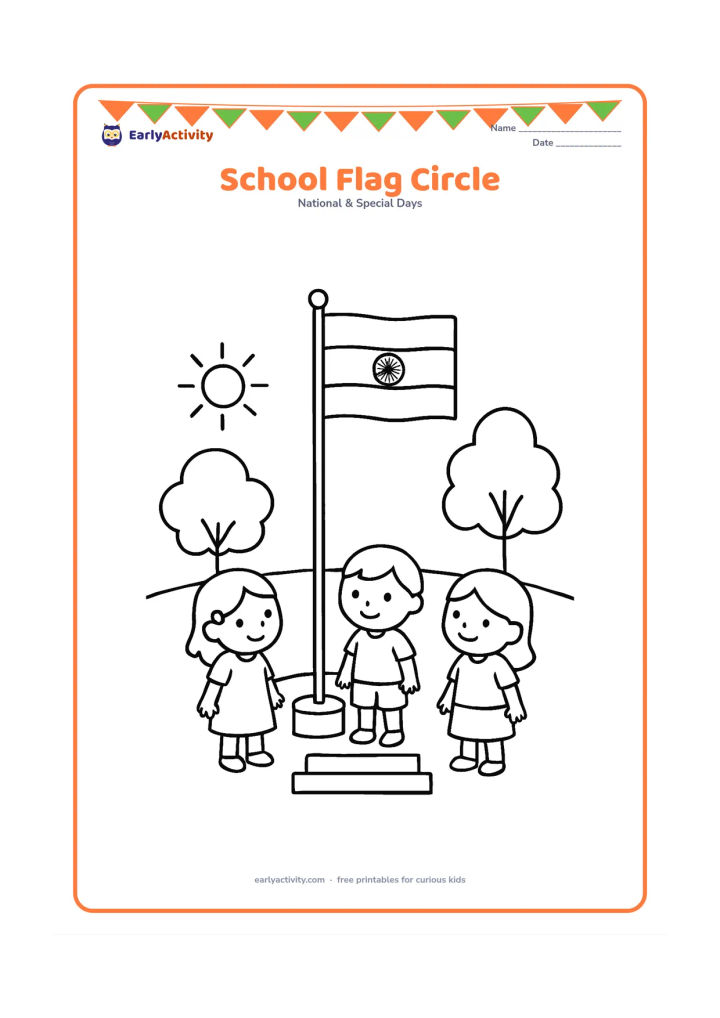 Colouring page: Three young children stand in a small circle around an Indian flag at a simple school assembly area. Show a low platform, a few trees and a bright morning sun.