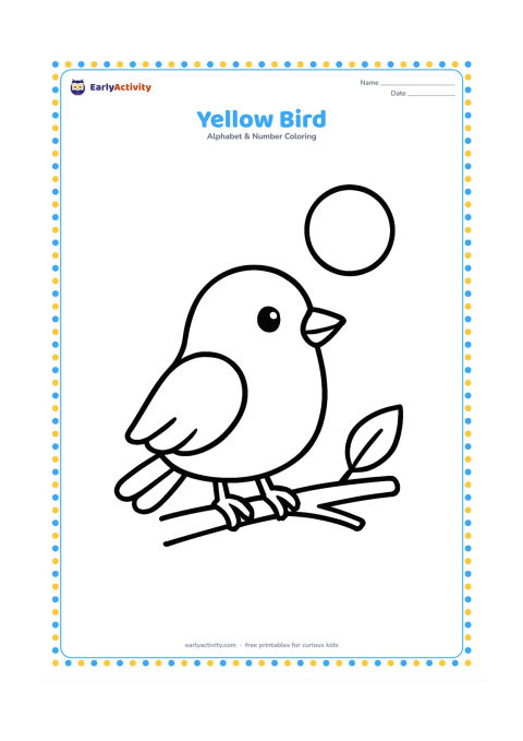 Colouring page: Draw a cheerful small bird perched on a short branch, with one simple leaf and a round sun in the background.