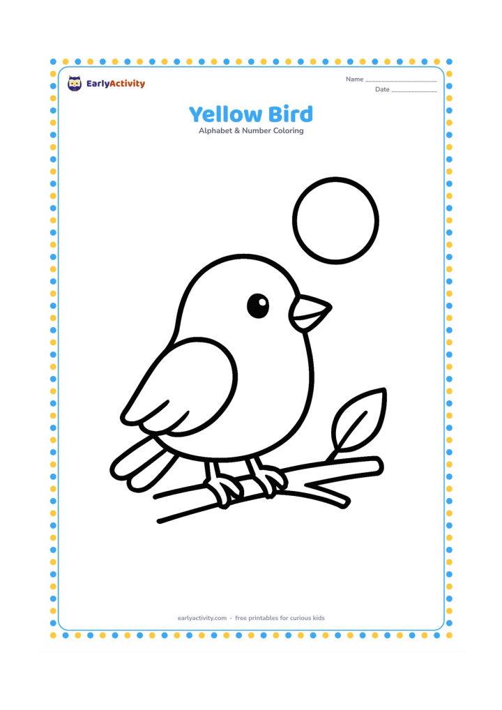 Colouring page: Draw a cheerful small bird perched on a short branch, with one simple leaf and a round sun in the background.