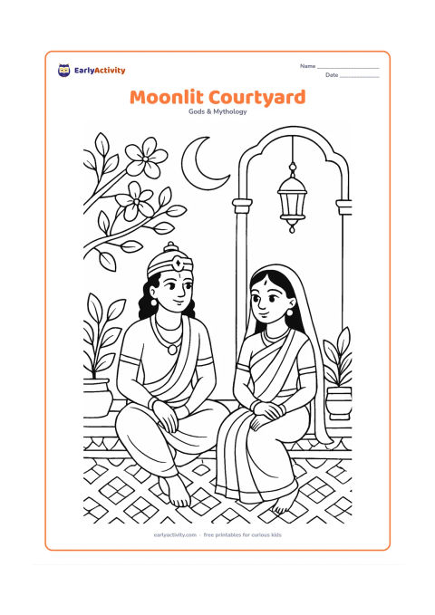 Colouring page: Ram and Sita sit in a palace courtyard beneath a crescent moon, with a flowering tree, hanging lamp, patterned floor, and potted plants.