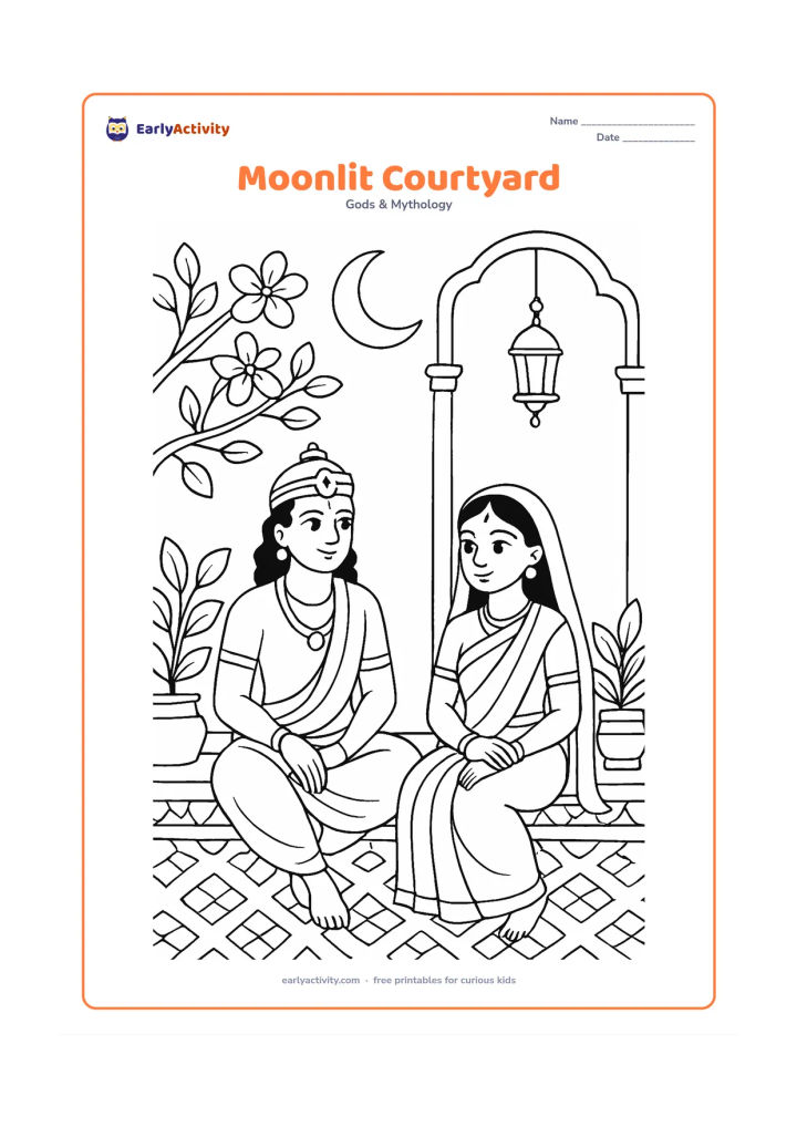 Colouring page: Ram and Sita sit in a palace courtyard beneath a crescent moon, with a flowering tree, hanging lamp, patterned floor, and potted plants.