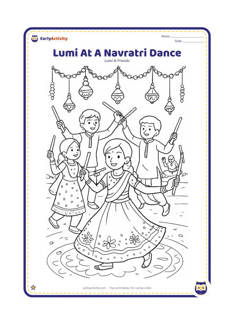 Colouring page: Lumi dances in a circle with several friends holding simple dandiya sticks during a festive evening gathering. Surround them with hanging lamps, patterned clothing, flower garlands, a…