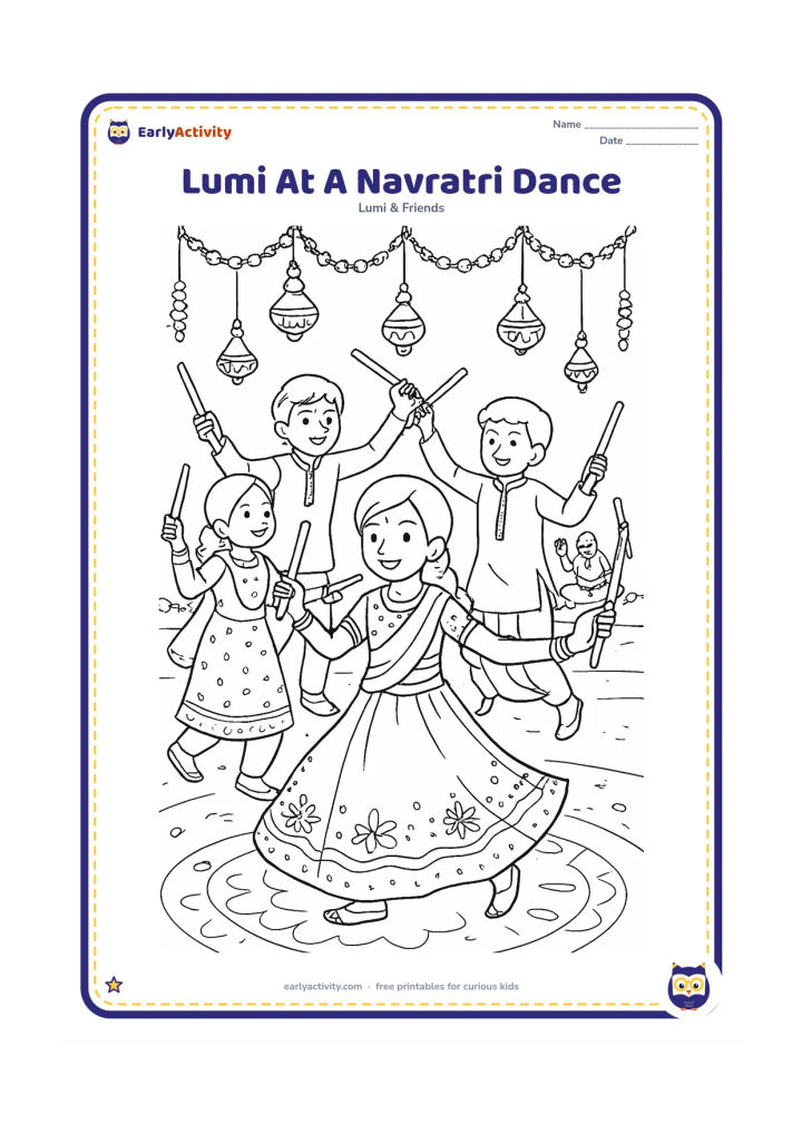 Colouring page: Lumi dances in a circle with several friends holding simple dandiya sticks during a festive evening gathering. Surround them with hanging lamps, patterned clothing, flower garlands, a…
