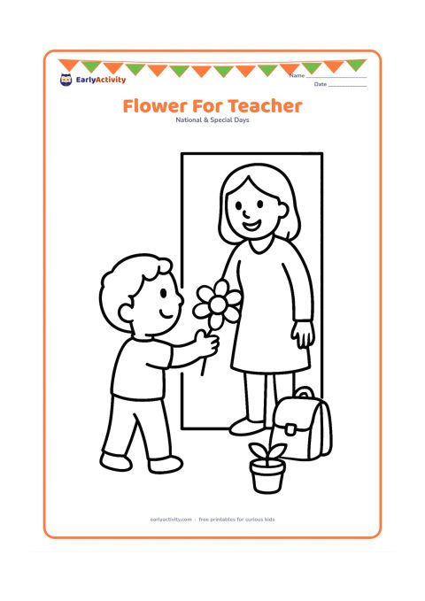 Colouring page: A smiling child holds a large flower toward a friendly teacher standing at a classroom doorway, with a potted plant and simple school bag nearby. Show both figures fully and clearly.