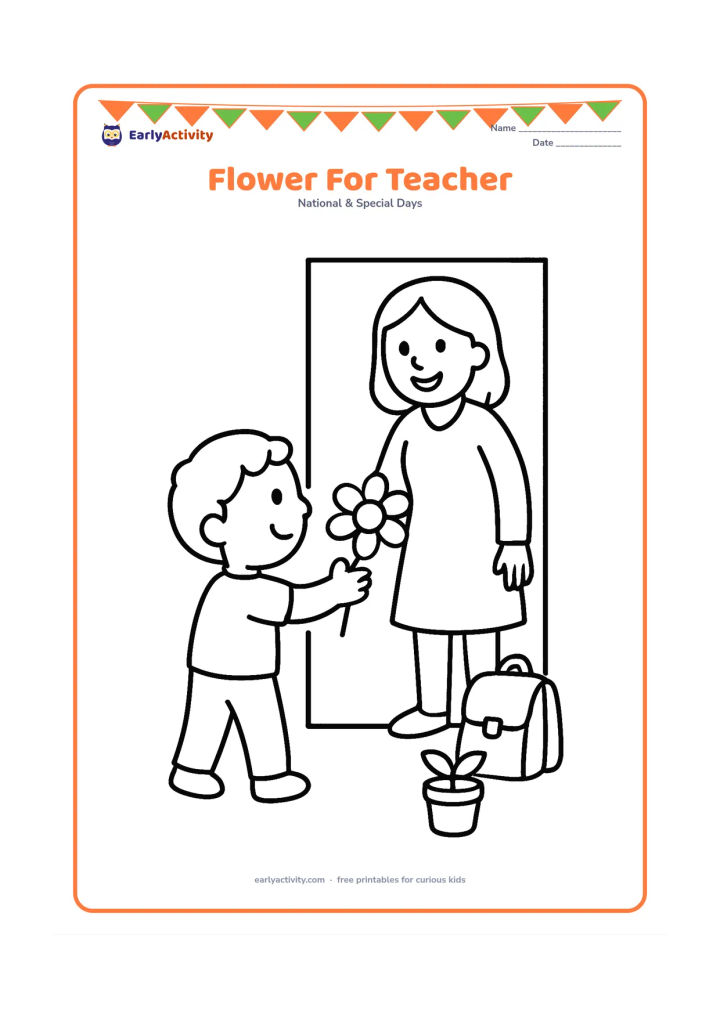 Colouring page: A smiling child holds a large flower toward a friendly teacher standing at a classroom doorway, with a potted plant and simple school bag nearby. Show both figures fully and clearly.