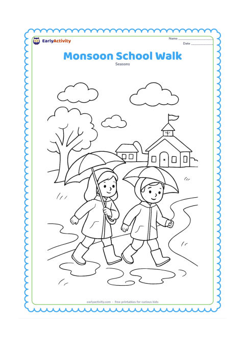 Colouring page: Two children in raincoats walk along a village path toward a small school building, carrying umbrellas and wearing gumboots. Add puddles, a leafy tree, clouds and a few distant houses,…