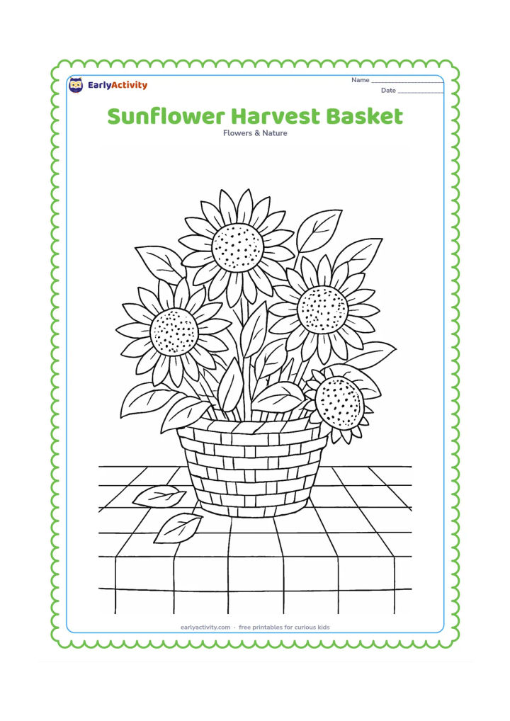 Colouring page: A woven basket holds several cut sunflowers, loose leaves, and a few sunflower heads showing patterned seed centres. Place the basket on a table with a simple checked cloth made of large…