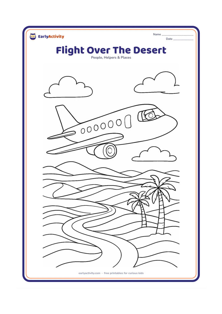 Colouring page: A passenger aeroplane flies above patterned desert dunes at golden afternoon light, with a pilot visible through the cockpit. Add a winding road, a few palm trees, distant hills and soft…