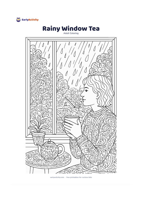 Colouring page: A person sitting beside a wide window, holding a warm cup while watching gentle rain over leafy trees and rooftops. Place a small table with a teapot, a plant and several large raindrops…