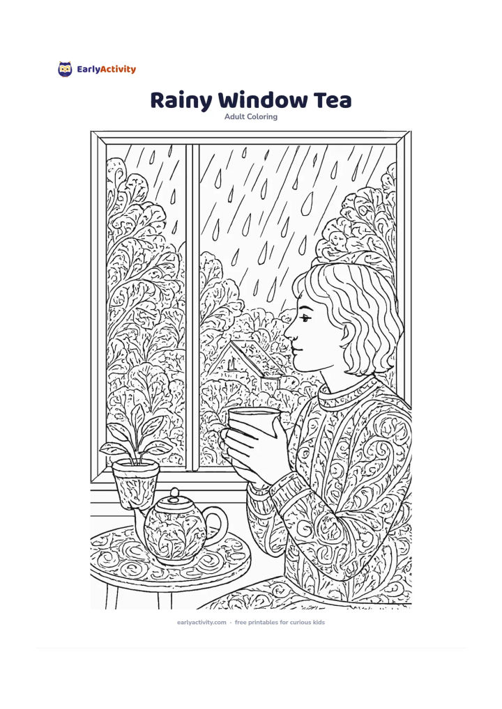 Colouring page: A person sitting beside a wide window, holding a warm cup while watching gentle rain over leafy trees and rooftops. Place a small table with a teapot, a plant and several large raindrops…