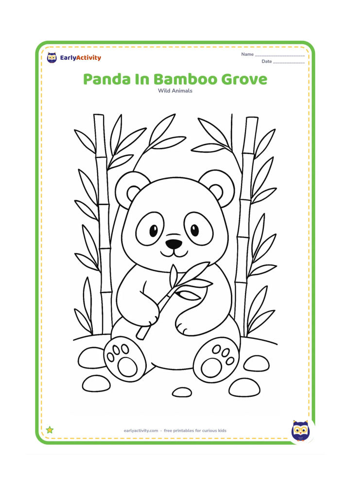 Colouring page: Draw a seated panda eating bamboo in a small grove with several tall stalks, broad leaves and a few rounded stones. Keep the panda as the main central shape.