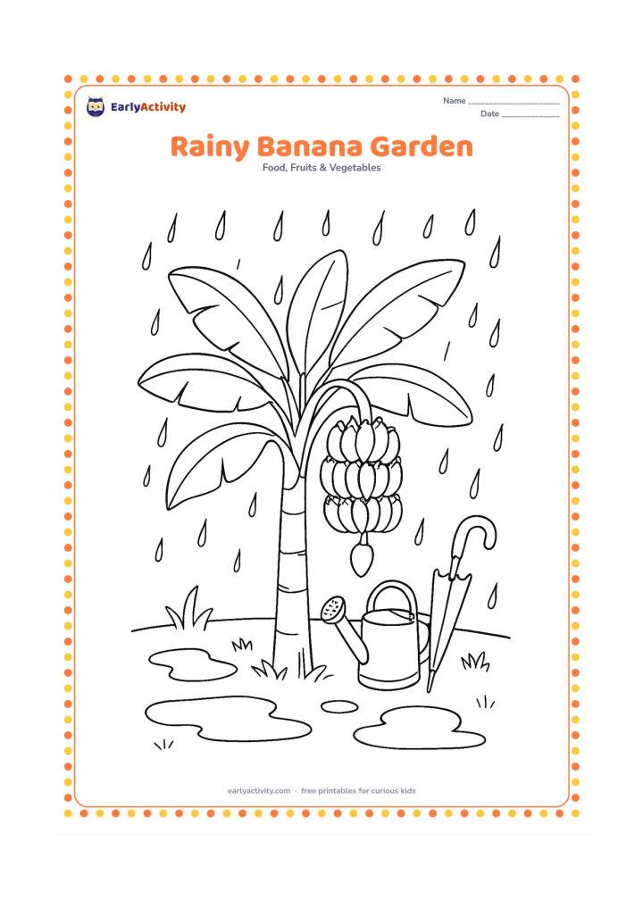 Colouring page: Draw a banana plant with a hanging bunch in a garden during gentle rain, with puddles, a watering can and an umbrella leaning nearby. Keep the rain as widely spaced curved lines.