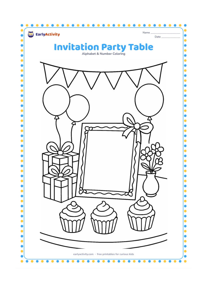 Colouring page: Draw a decorated party table with a blank invitation card, wrapped gifts, balloons, bunting, cupcakes, and a small vase of flowers. Show the card prominently in the foreground.