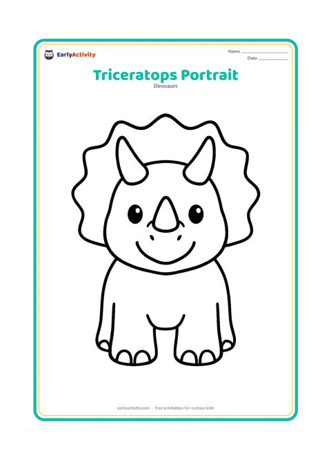 Colouring page: A friendly triceratops head and upper body facing forward, with three clearly visible horns and a large frill. Leave the surrounding area open and uncluttered.