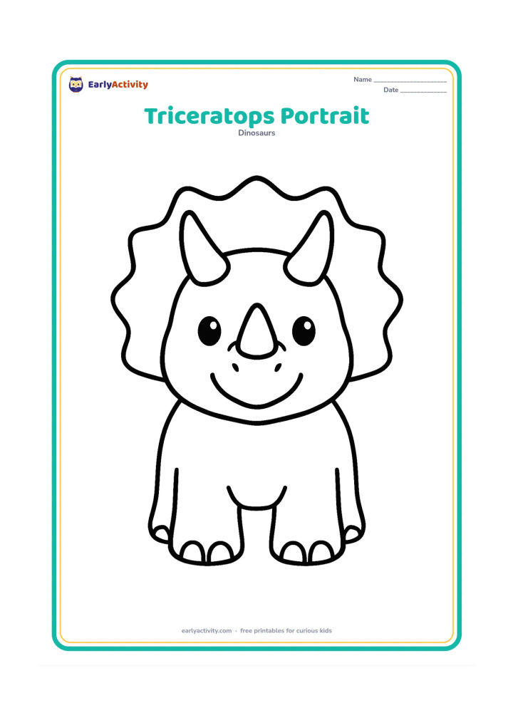 Colouring page: A friendly triceratops head and upper body facing forward, with three clearly visible horns and a large frill. Leave the surrounding area open and uncluttered.