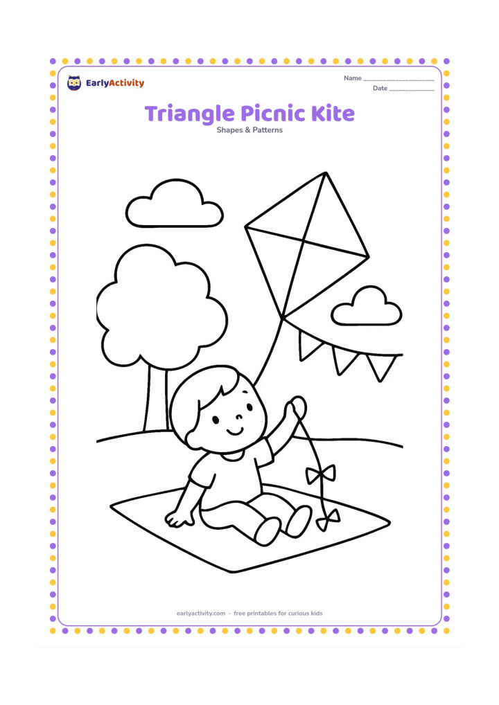 Colouring page: A child sits on a picnic mat flying a large triangular kite, with three clearly visible corners and a simple string. Add a tree, two clouds, and a few triangle-shaped bunting pieces in…