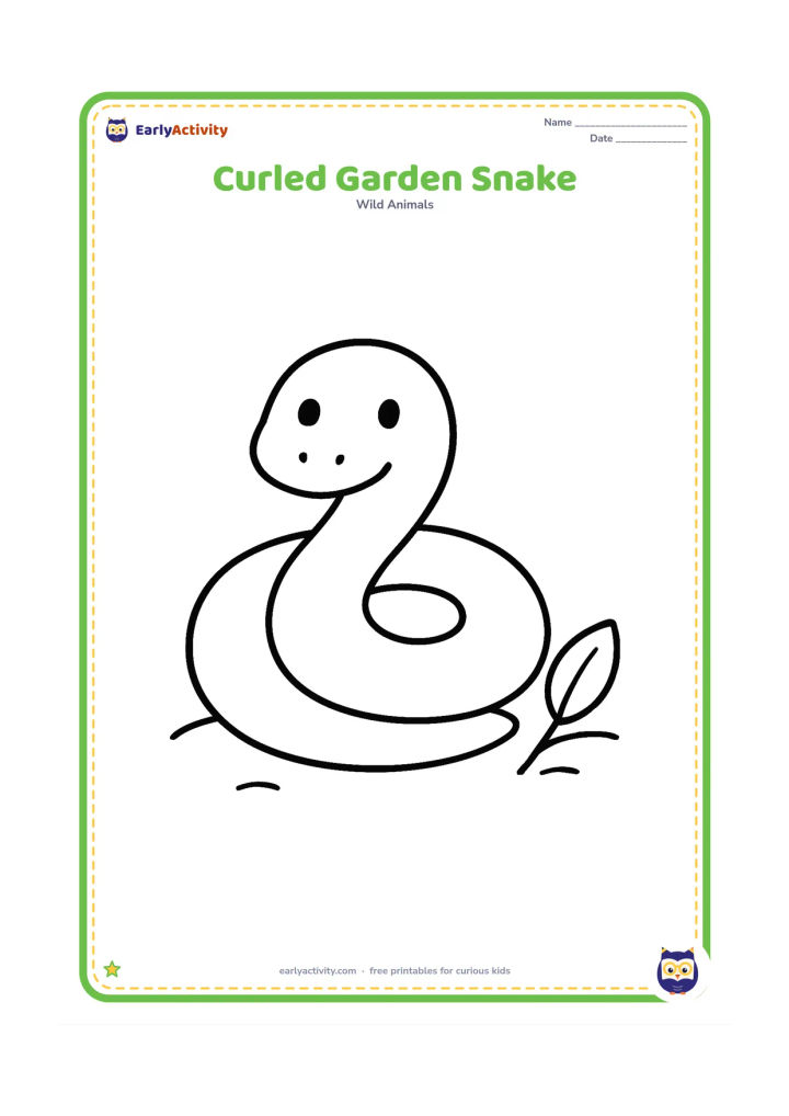 Colouring page: Draw one friendly snake curled into a large round shape on open ground, with a small leaf beside it. Keep the snake's body broad and uncluttered so its outline is easy to colour.