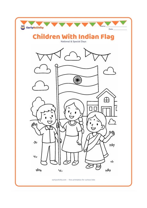 Colouring page: Draw three Indian children standing together and holding a flag on a pole during a cheerful outdoor gathering. Add a school building, small trees, clouds and a few paper-free decorative…