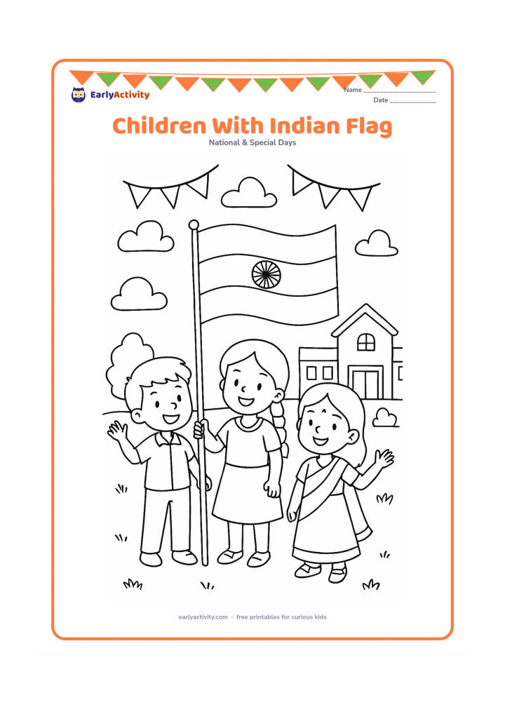 Colouring page: Draw three Indian children standing together and holding a flag on a pole during a cheerful outdoor gathering. Add a school building, small trees, clouds and a few paper-free decorative…