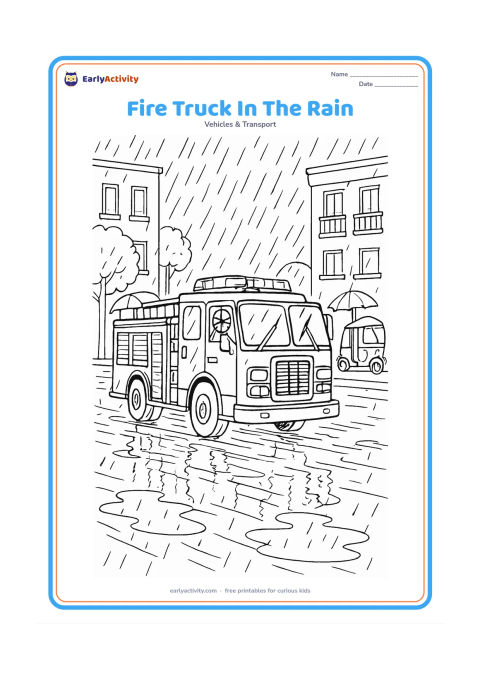 Colouring page: Draw a detailed fire engine moving through a rainy city street, with windshield wipers, roof lights, a firefighter at the window and reflections in puddles. Include umbrellas, trees,…